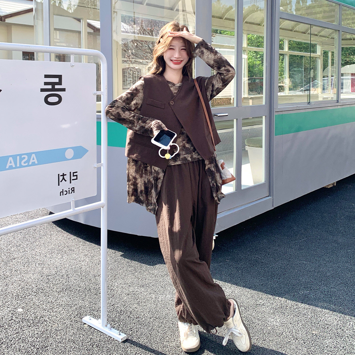美拉德风马甲阔腿裤套装女秋季