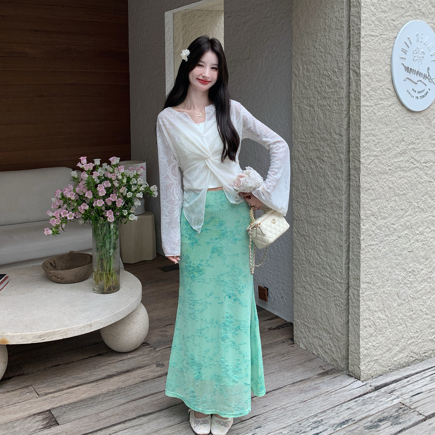 薄荷色V领长袖花卉印花三件套女