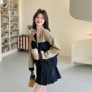 韩版酷飒运动风套装女2026春季新款撞色拼接立领外套百褶裙两件套
