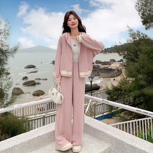 粉色韩系超好看休闲运动套装女2026春季减龄连帽卫衣阔腿裤两件套