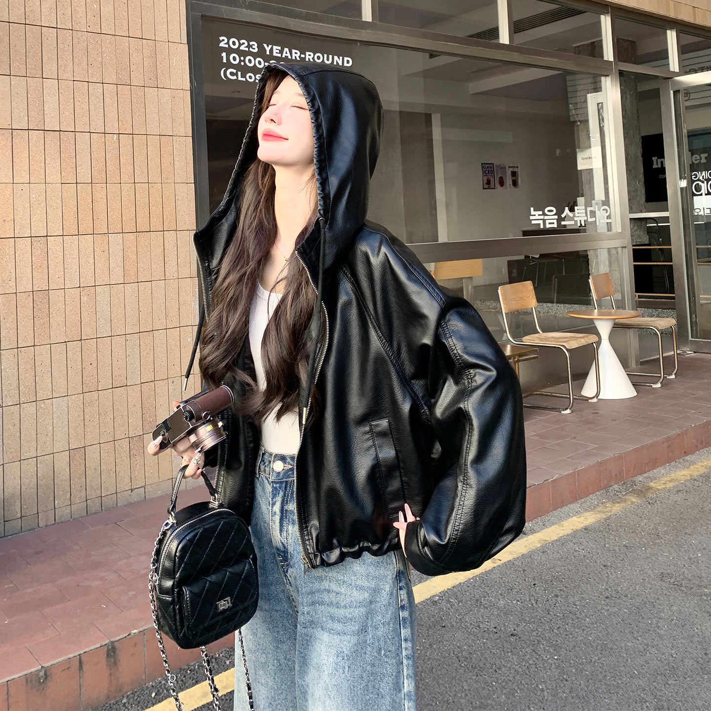 黑色休闲百搭复古风外套女2026新款小个子韩版减龄松弛感连帽夹克
