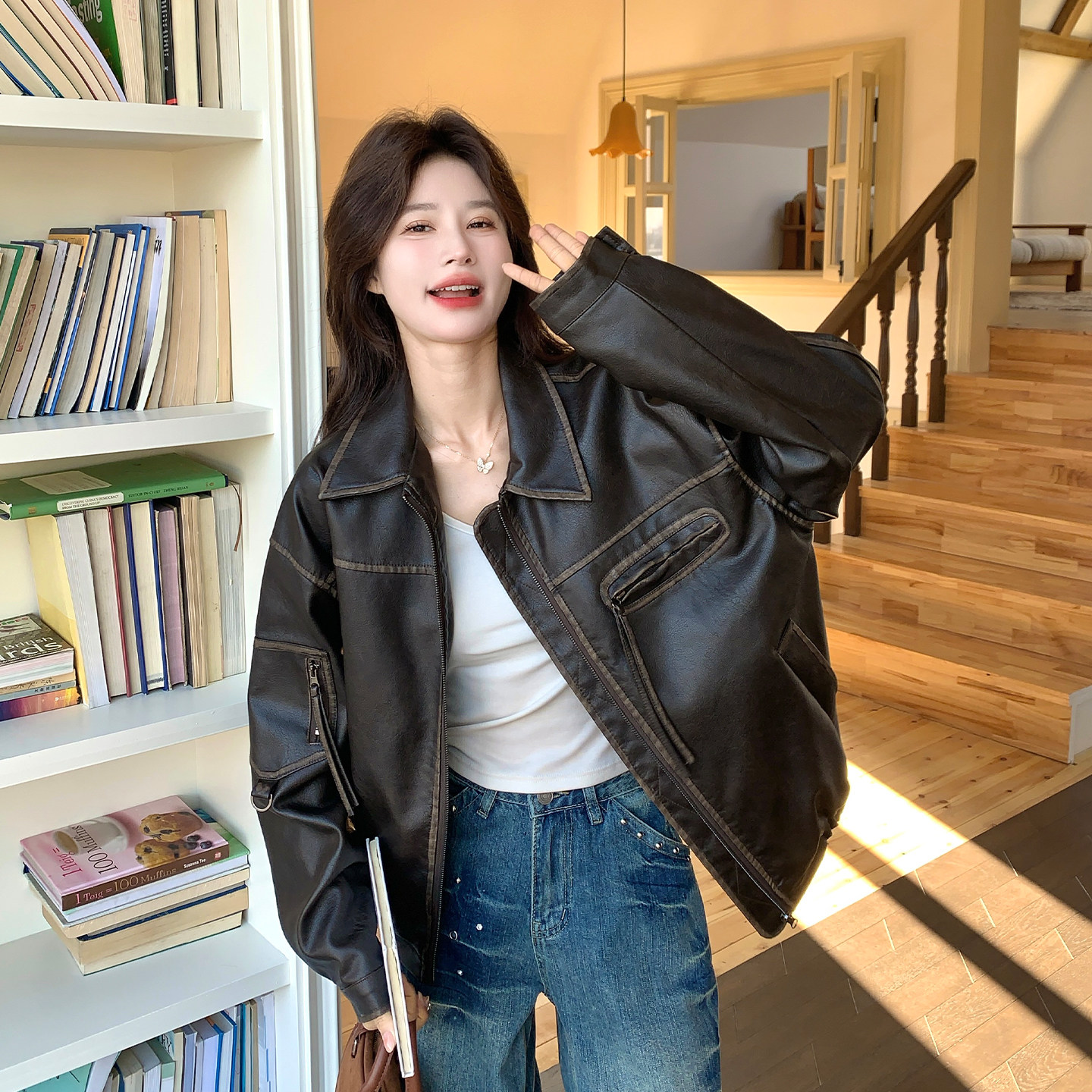 黑色美式慵懒chic外套女2026春季新款小个子时尚机车风PU皮衣夹克
