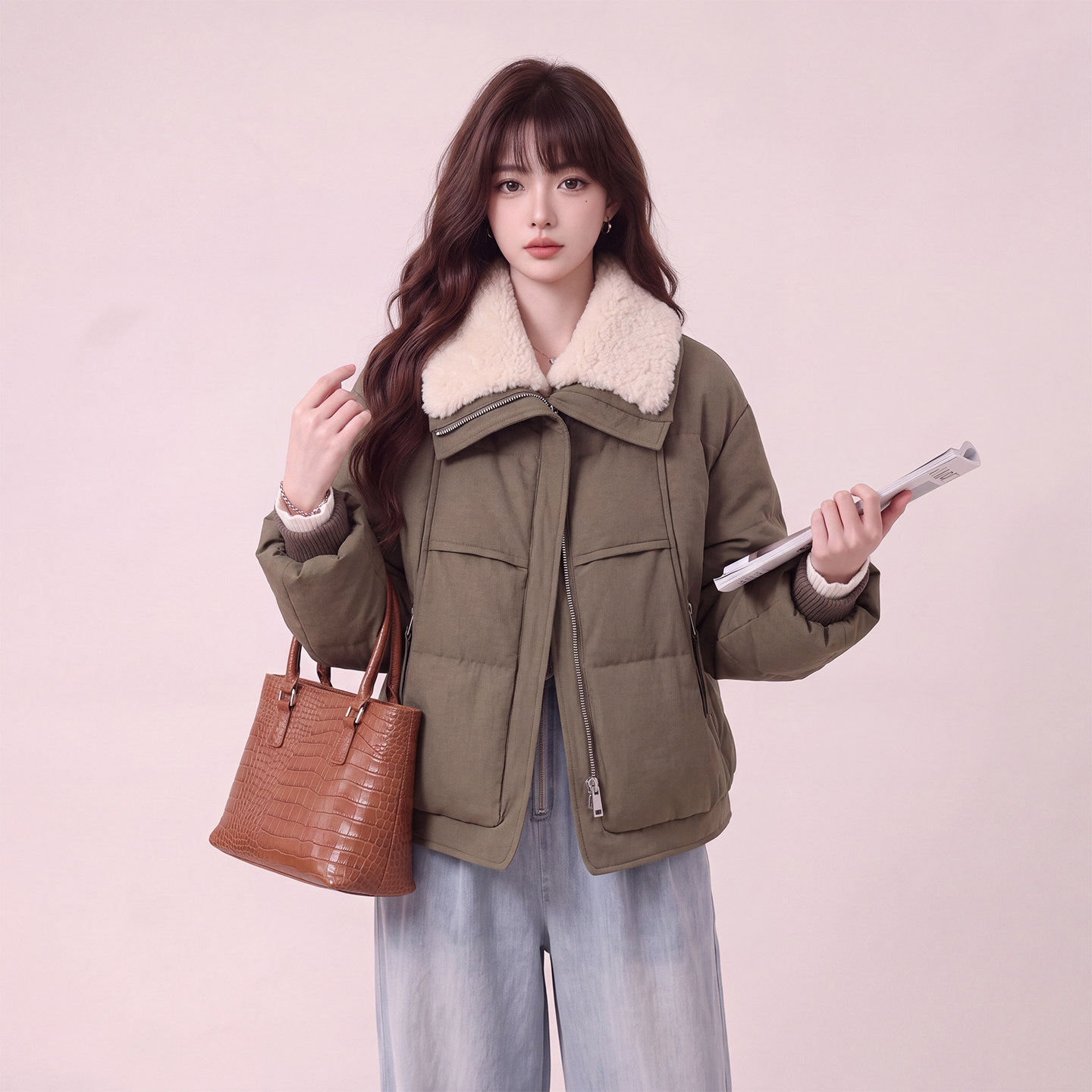 美式复古羊羔毛翻领短款羽绒服女