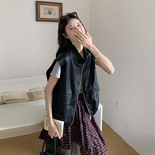 2026春天新款黑色甜酷气质风PU皮马甲套装女网纱拼接半身裙两件套