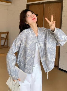 灰色设计感休闲撞色印花外套女短款2026早春新款独特时尚小众上衣