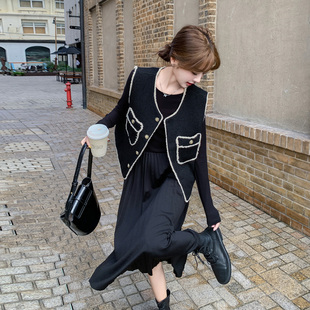 黑色法式小香风马甲连衣裙套装女2026春季小个子显瘦百褶裙两件套