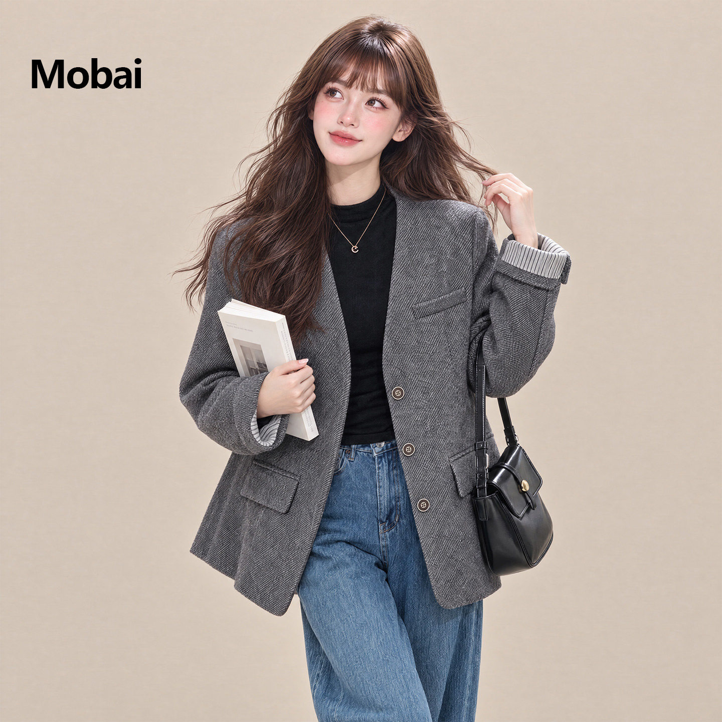 Mobai 灰色高端小资老钱风毛呢羽绒西装女2026冬新款V领加厚外套