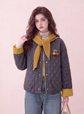 优雅风菱格撞色短款棉服女冬季