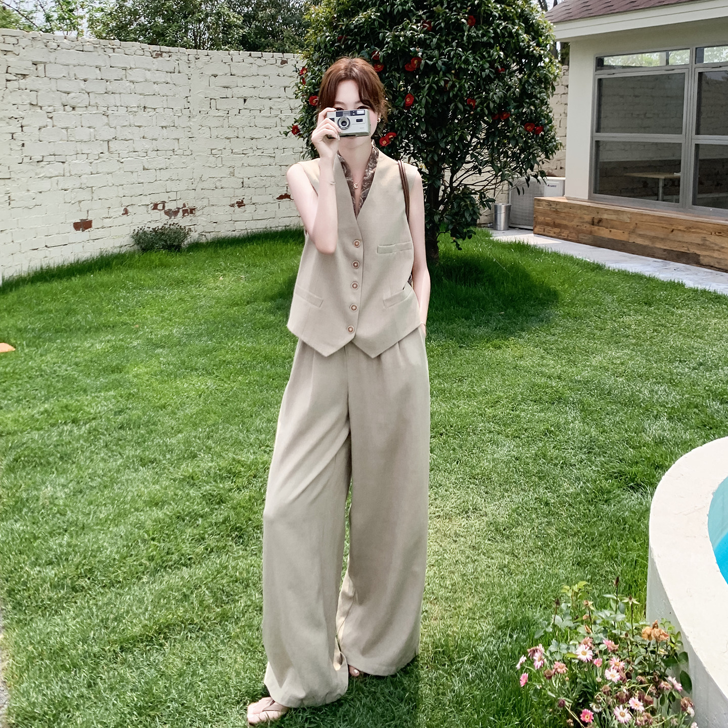 卡其色时尚休闲高级感通勤套装女2026新款无袖马甲阔腿裤两件套夏