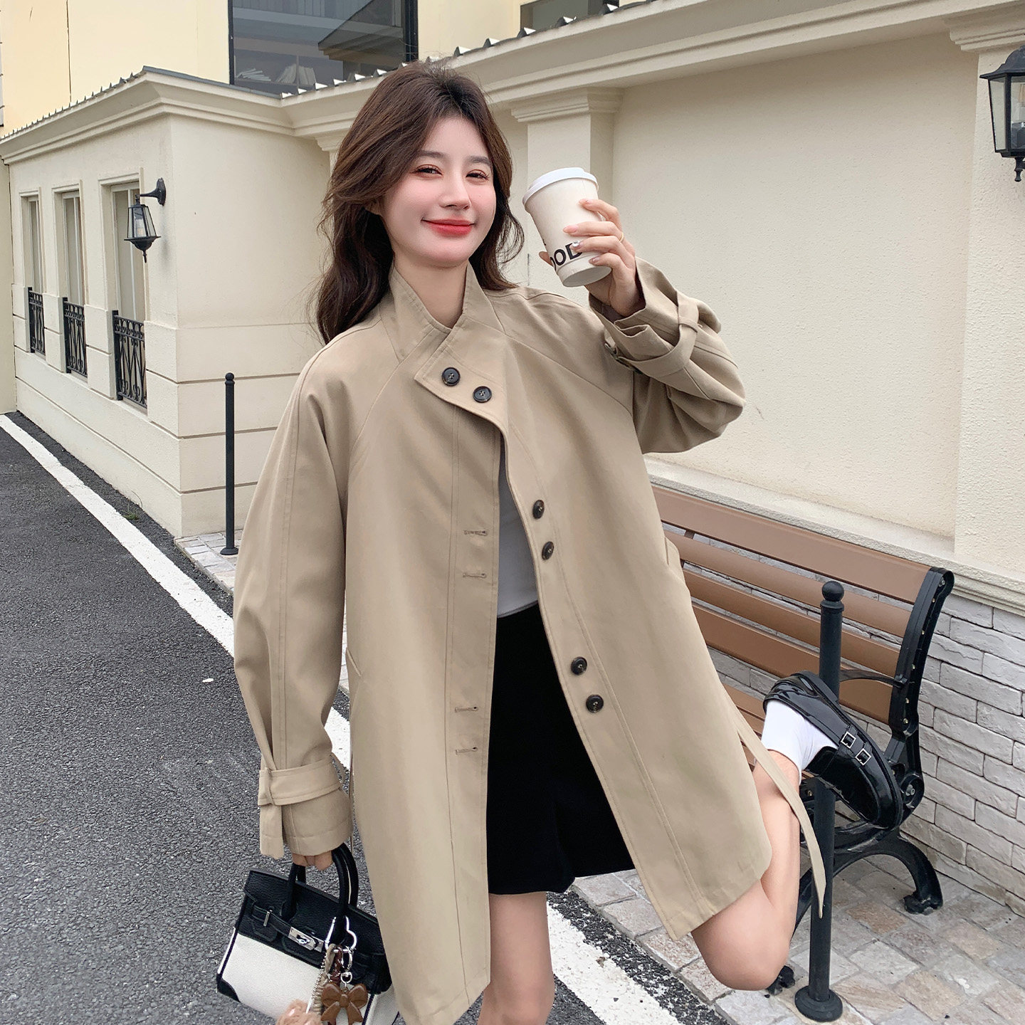 韩系极简卡其立领中长女风衣