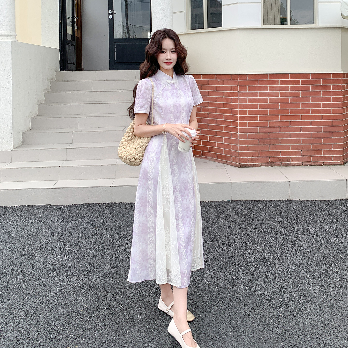 紫色优雅大气贵感连衣裙女2026新款夏日新中式绝美印花拼接旗袍裙