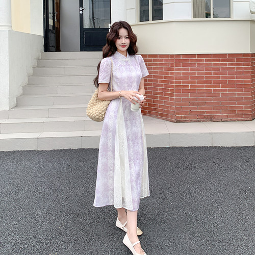 紫色优雅大气贵感连衣裙女2026新款夏日新中式绝美印花拼接旗袍裙