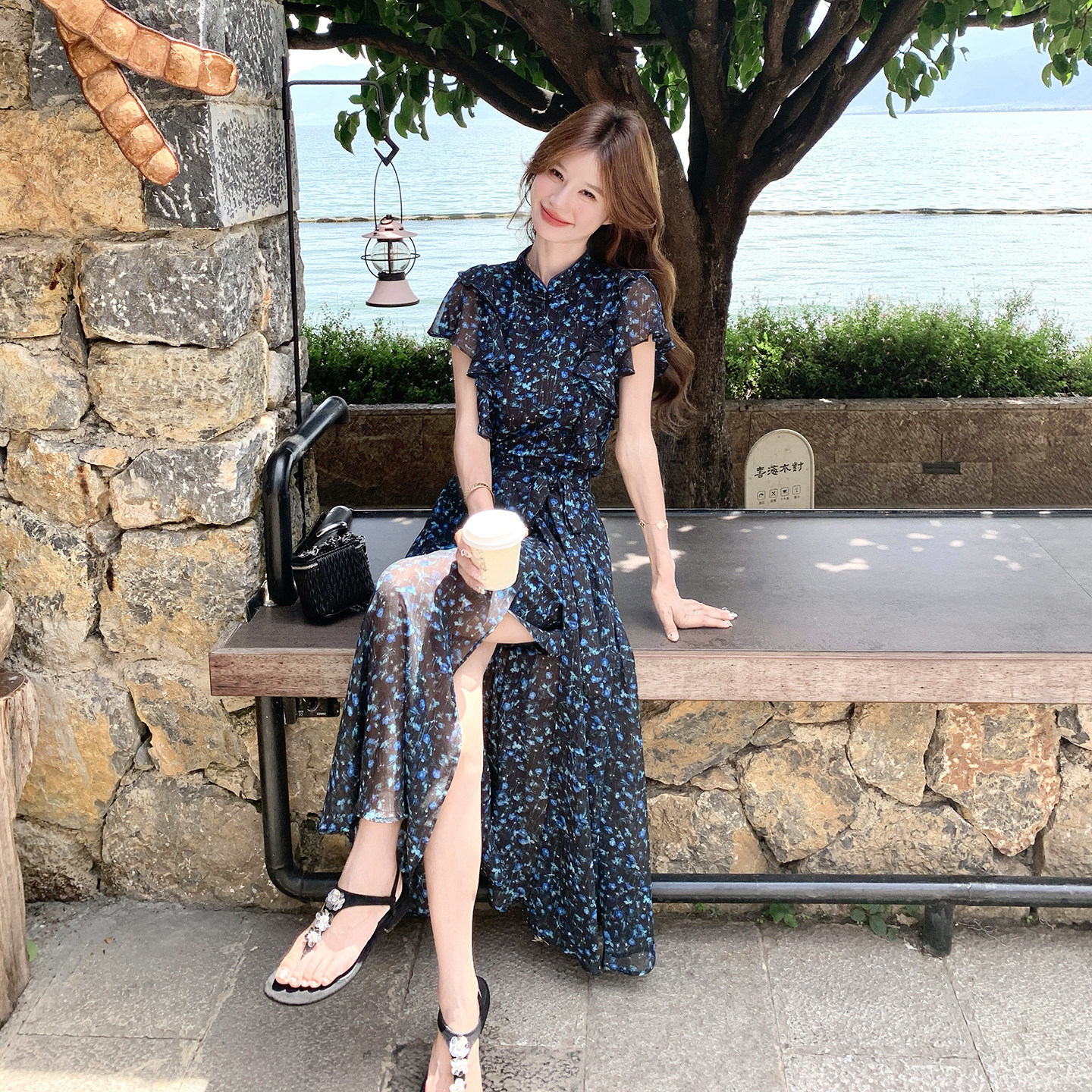 复古浪漫度假风国风碎花旗袍裙套装女2026新款夏日收腰半裙两件套