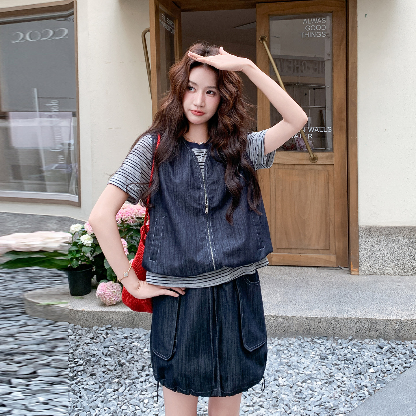 夏季条纹拼接假两件牛仔套装女