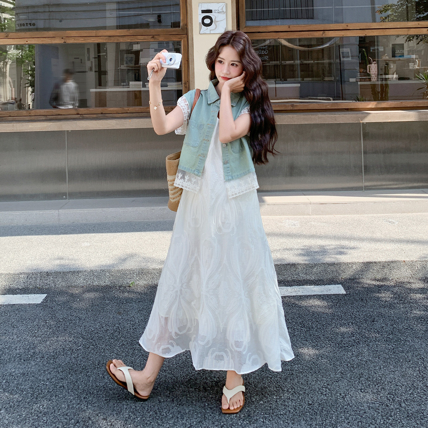 韩式优雅甜美风蕾丝吊带连衣裙套装初夏牛仔马甲两件套女2026新款