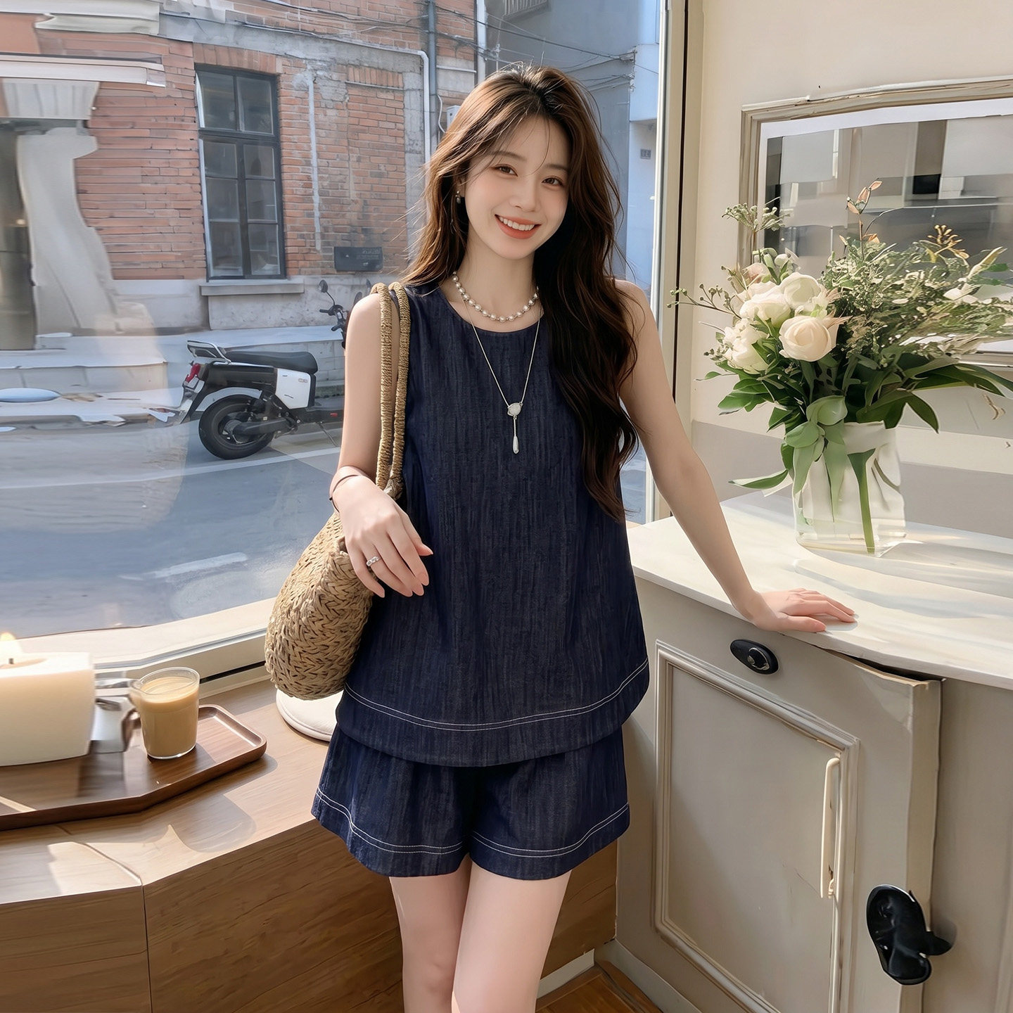 牛仔风无袖背心短裤两件套女夏