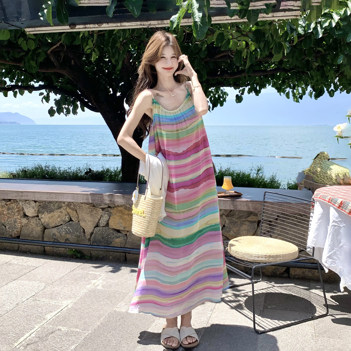 法式明媚减龄少女感彩色条纹吊带裙套装夏系带开衫两件套2026新款