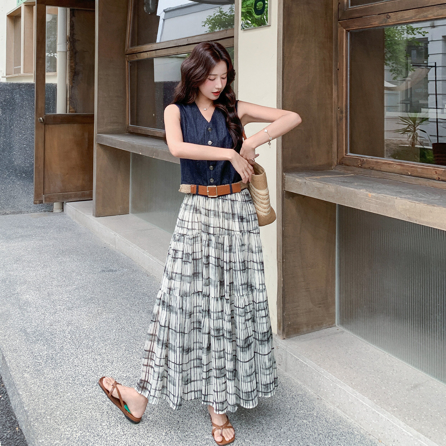 韩式休闲减龄文艺风套装女2026新款牛仔马甲格纹半身裙两件套夏日