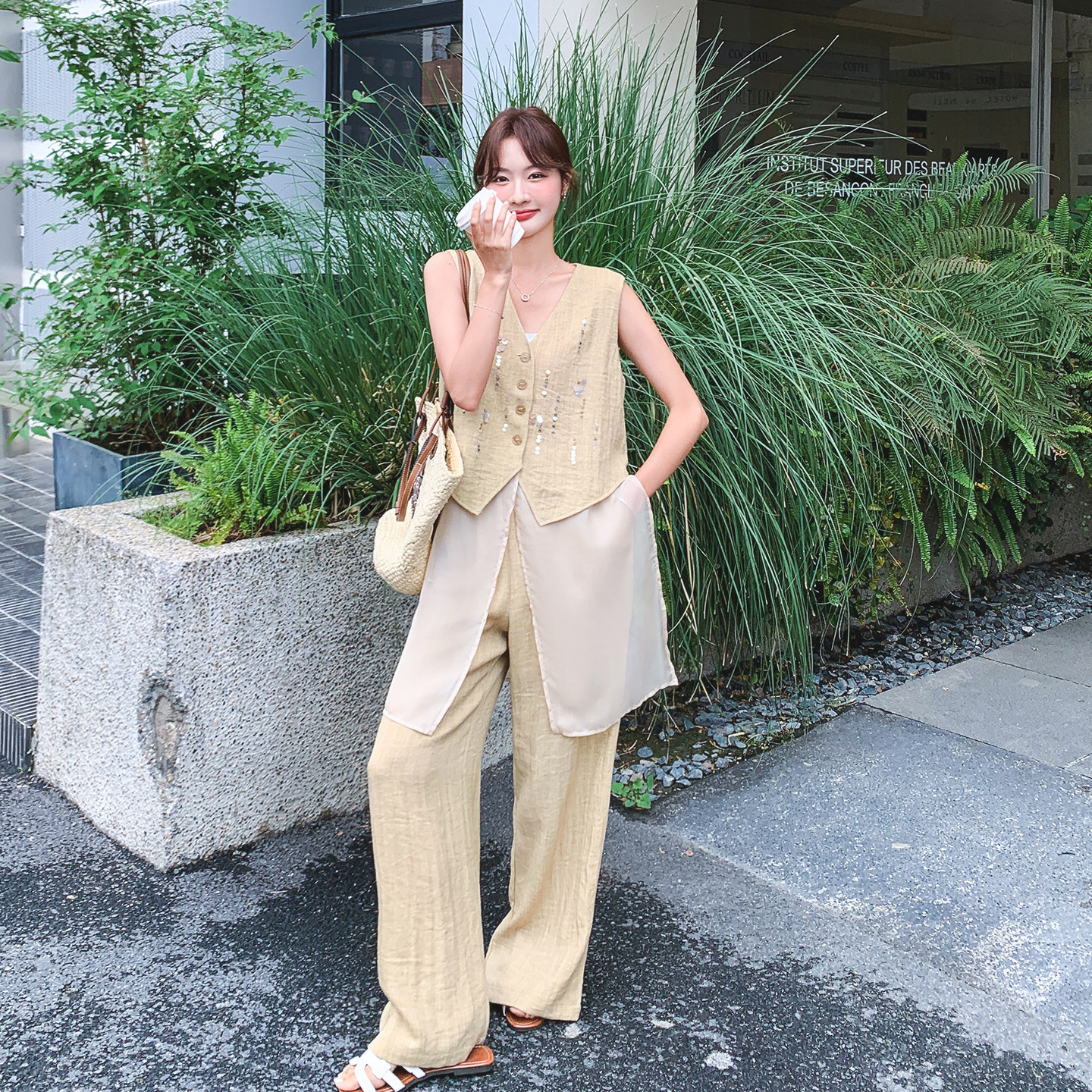 法式亮片马甲阔腿裤两件套女夏