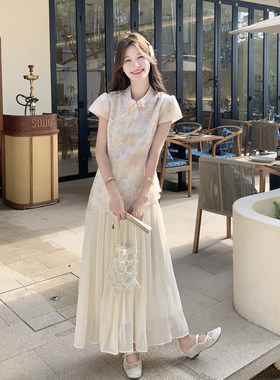 新中式国风少女感减龄穿搭夏日印花盘扣上衣半身裙两件套2026新款