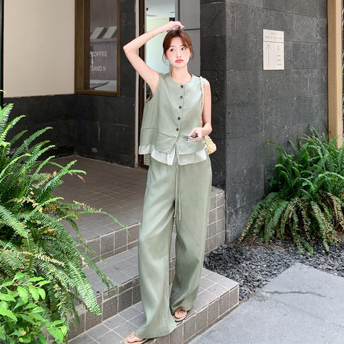 韩系减龄ins风通勤套装女2026新款假两件拼接马甲阔腿裤两件套夏