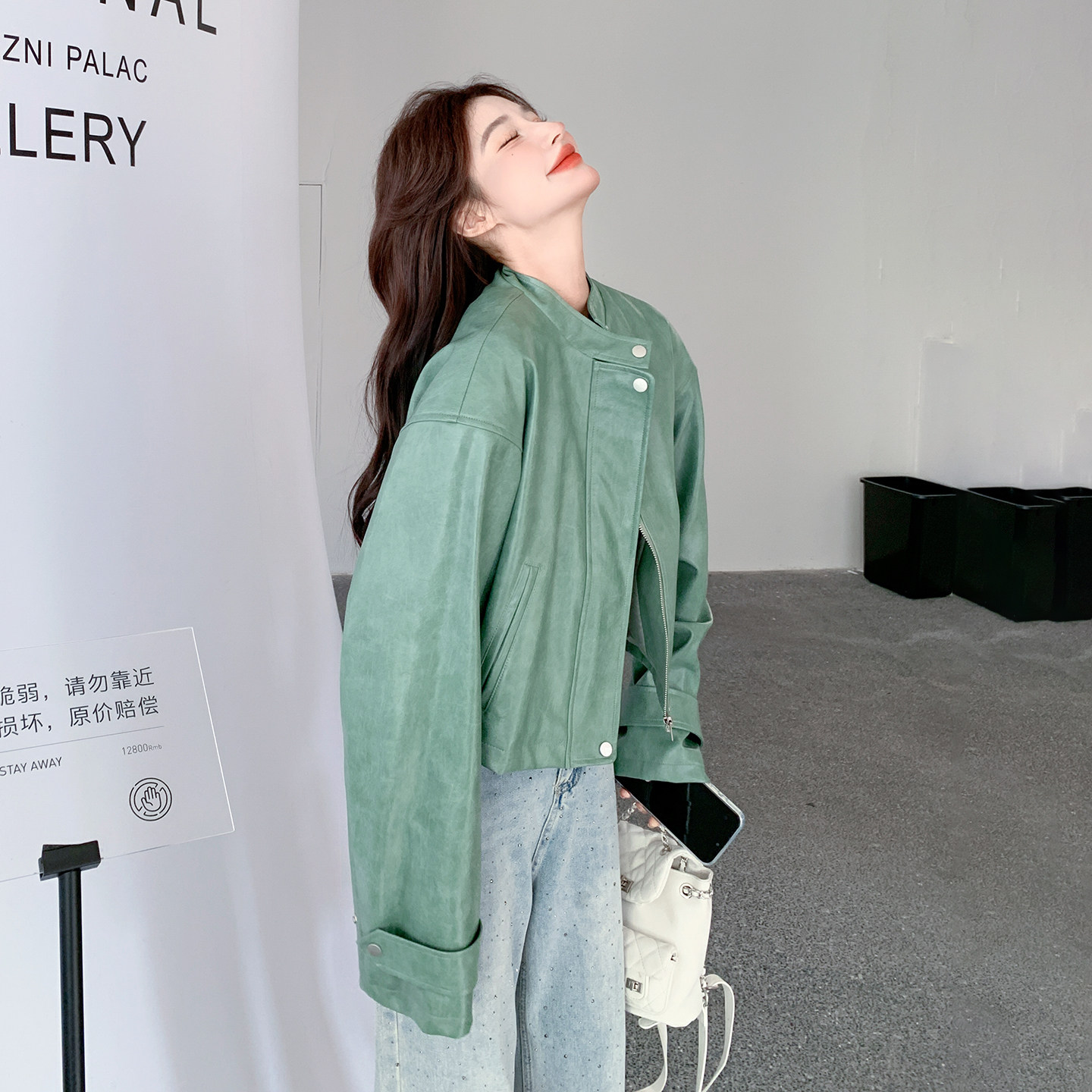 绿色洋气独特超好看PU皮衣外套女2026春季新款韩系小个子穿搭夹克