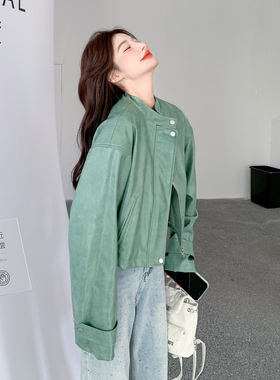 绿色洋气独特超好看PU皮衣外套女2026春季新款韩系小个子穿搭夹克