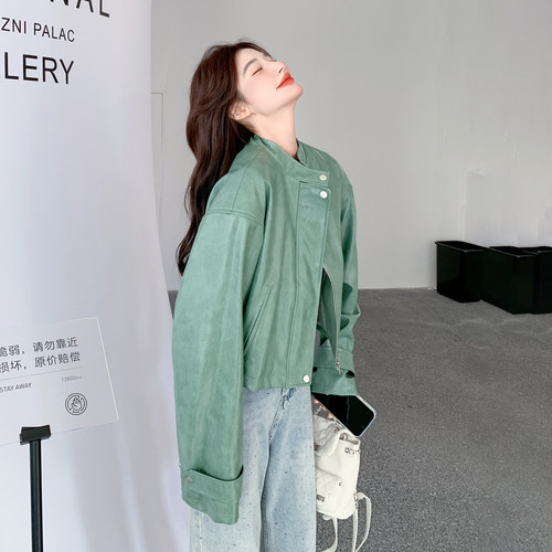绿色洋气独特超好看PU皮衣外套女2026春季新款韩系小个子穿搭夹克
