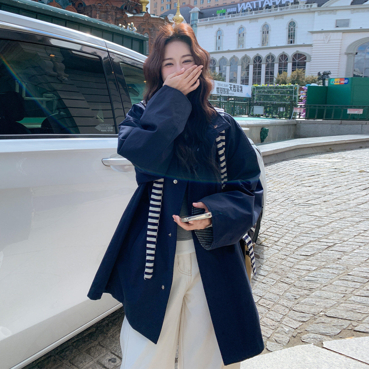 韩系复古藏青立领中长风衣女