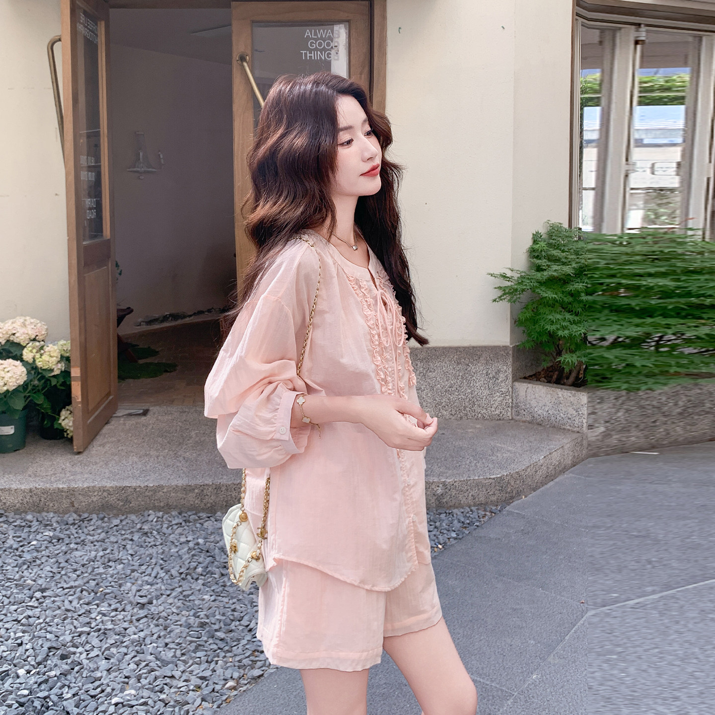 夏季新款粉色衬衫短裤两件套女