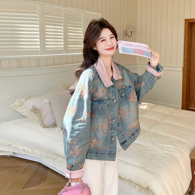 韩系重工刺绣牛仔外套女短款