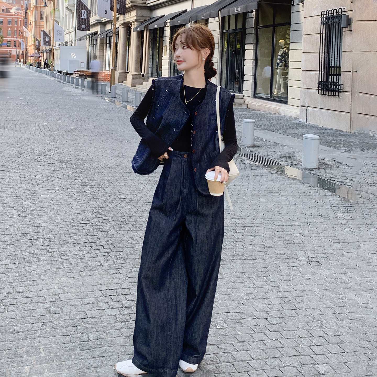 春季穿搭一整套牛仔马甲套装女2026新款韩系高腰显瘦阔腿裤两件套