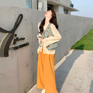 设计感复古刺绣牛仔马甲套装女2026春季小个子蕾丝衫阔腿裤三件套