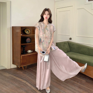 夏日新中式绝美蝴蝶印花套装女2026新款盘扣上衣高腰裙裤两件套