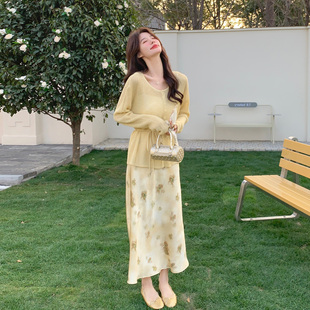 黄色法式小资套装女2026春新款镂空圆领针织罩衫印花半身裙两件套