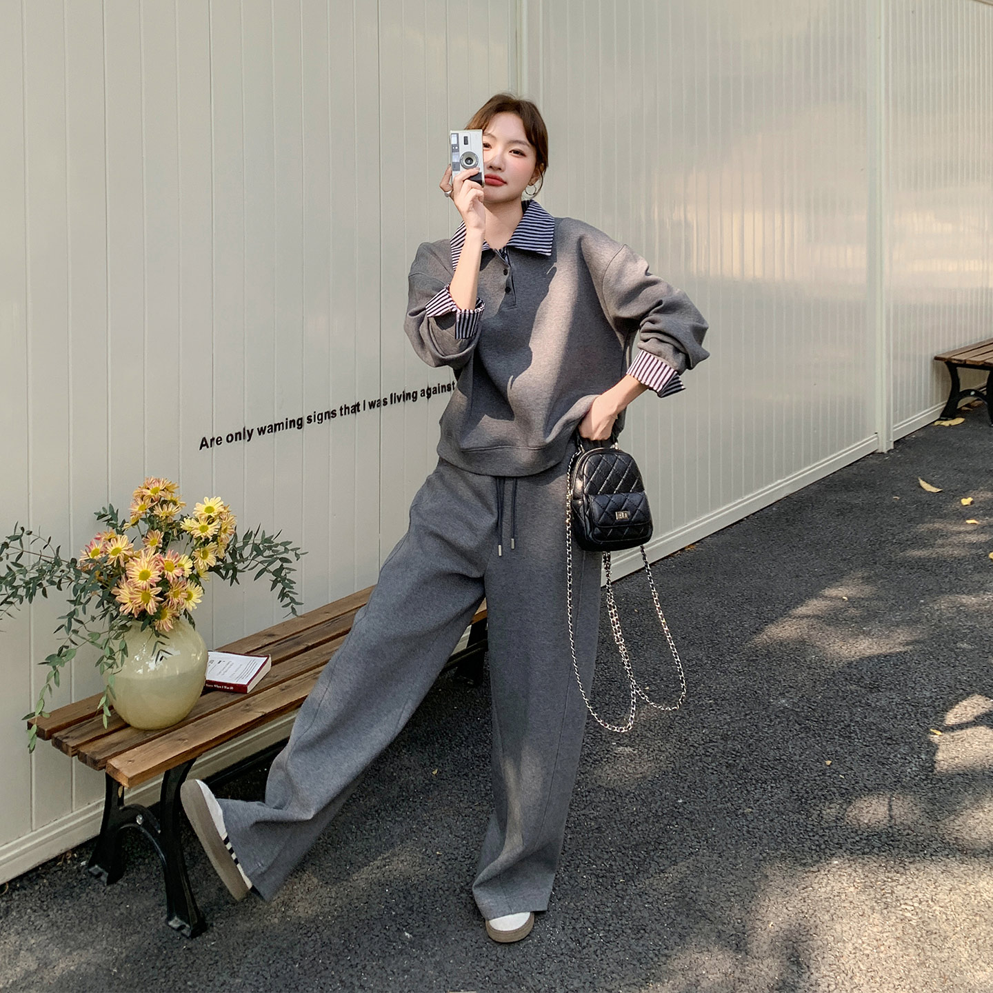韩系休闲减龄ins风套装女2026新款条纹拼接卫衣外套阔腿裤两件套