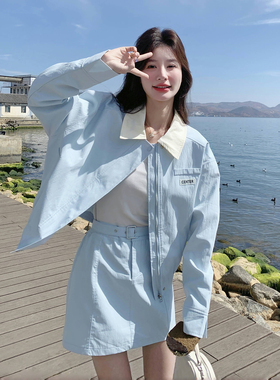 蓝色初恋清纯奶甜套装裙女2026春新款撞色翻领上衣高腰短裙两件套