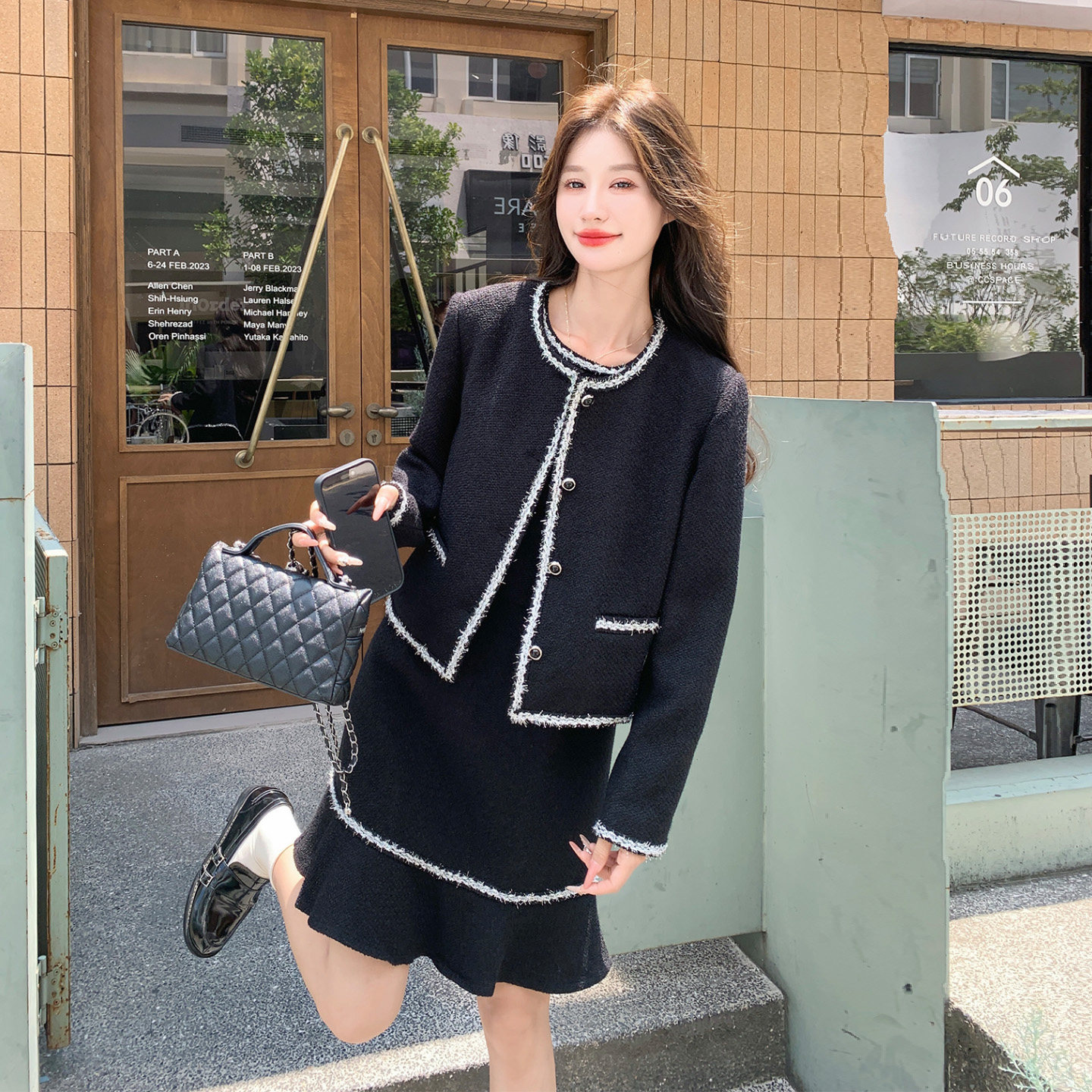 小香风黑色外套连衣裙显瘦套装