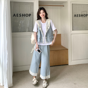 九分裤 韩系时尚 短袖 女2026夏新款 三件套 减龄蕾丝连帽牛仔马甲套装