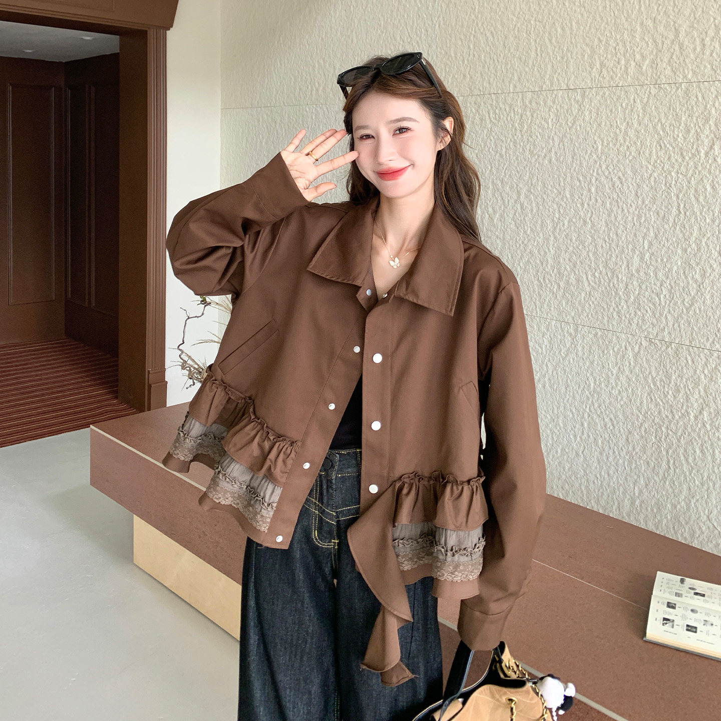 韩版宽松短款外套女秋装咖啡色