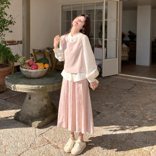 粉色新中式国风刺绣马甲套装裙女2026春气质减龄衬衫半身裙三件套