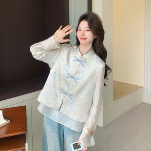 早春甜美减龄蝴蝶结印花马甲套装女2026新款新中式国风内搭两件套