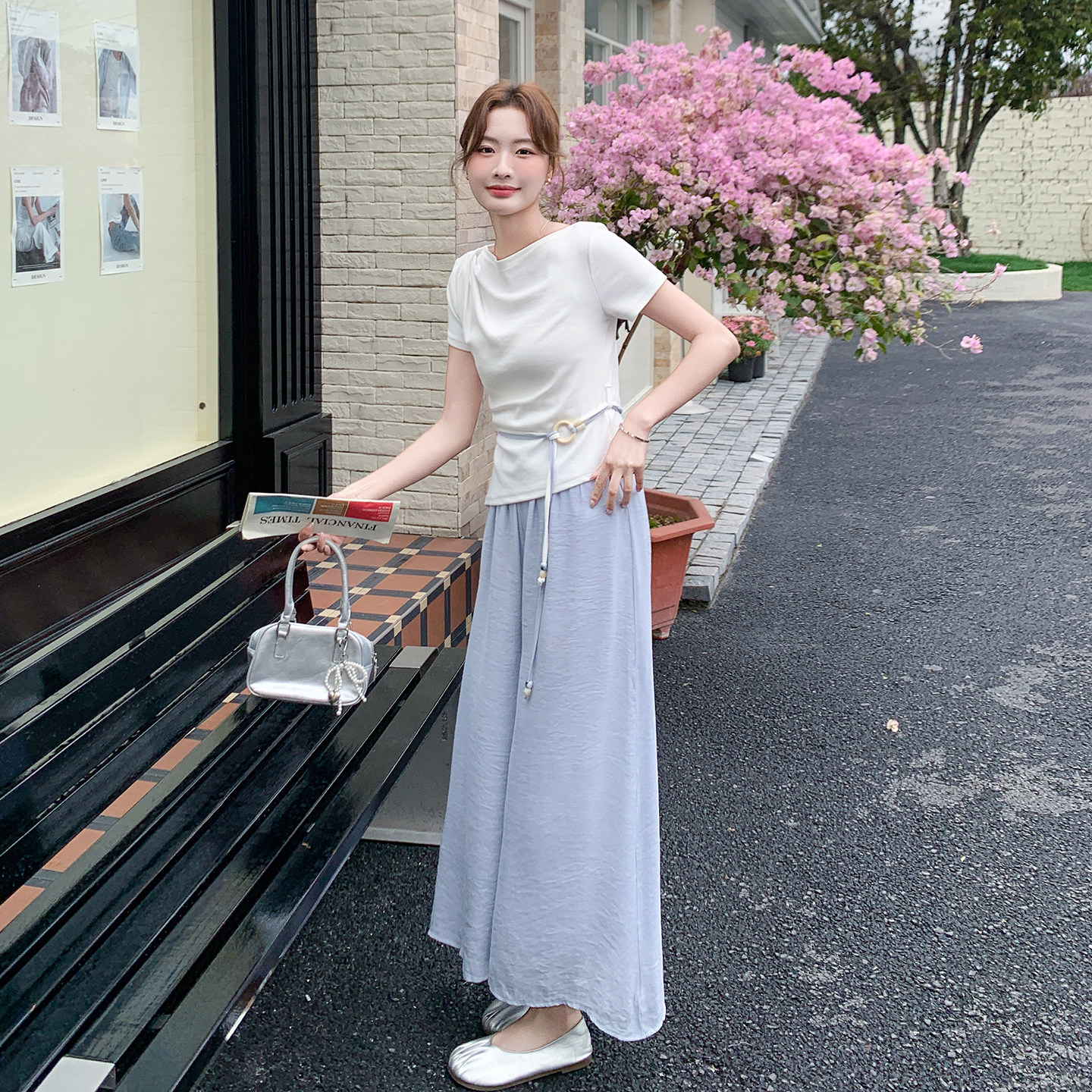 夏日休闲懒人穿搭套装女2026新款韩版修身气质上衣阔腿裤两件套