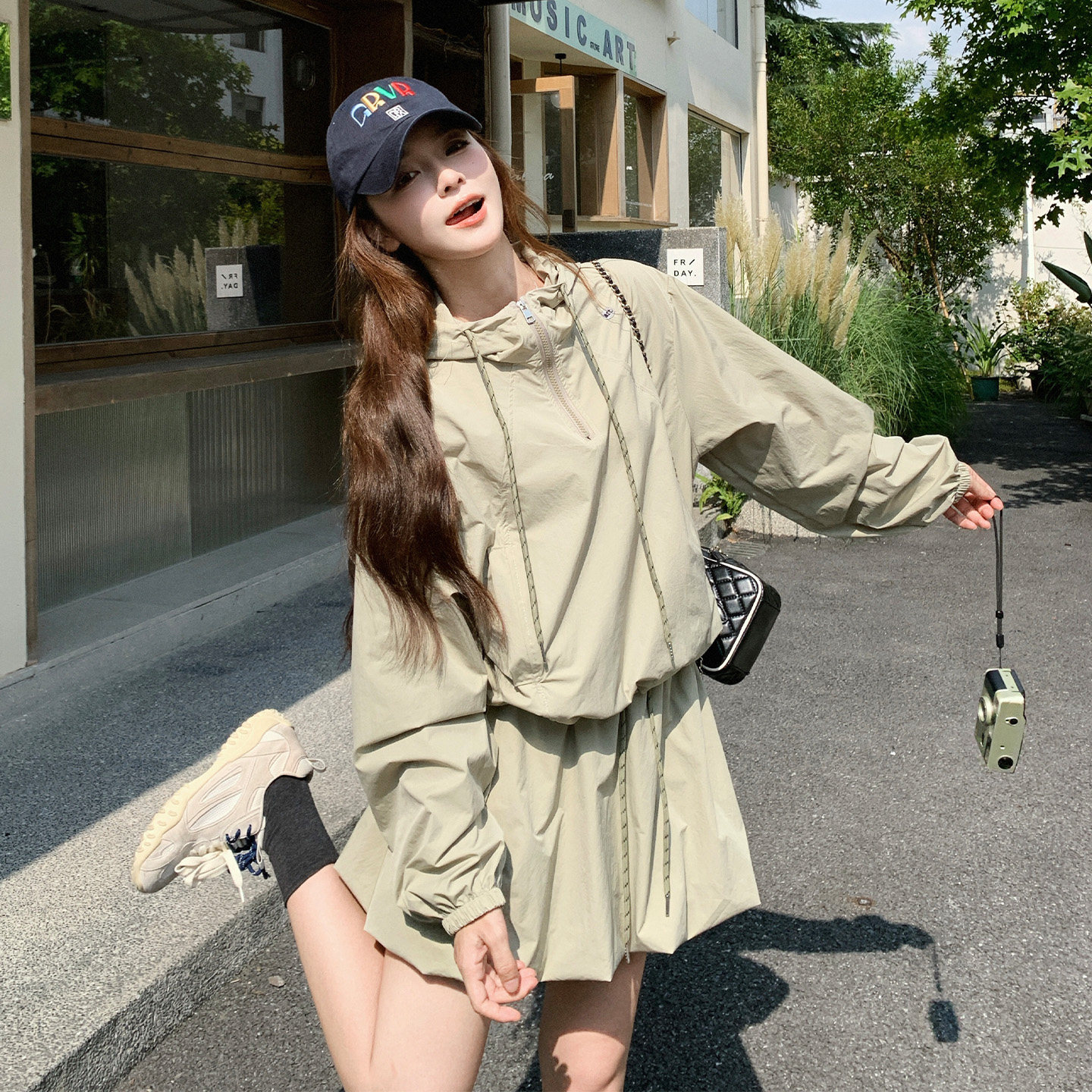 秋季女连帽抽绳花苞裙运动套装