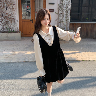 黑色法式假两件Polo领长袖连衣裙女2026春季小个子气质减龄a字裙