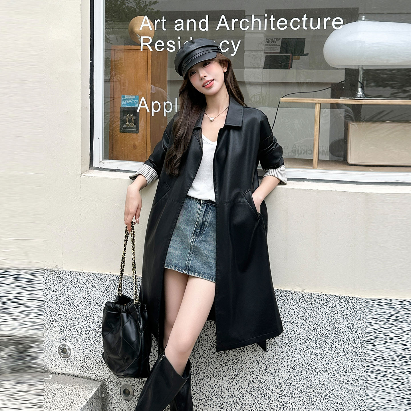 黑色盐系设计感条纹拼接皮衣外套女2026新款韩式中长款显瘦PU风衣