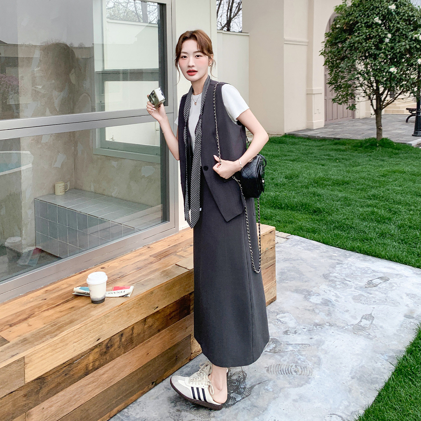 韩版休闲百搭职场风套装女2026新款飘带西装马甲半身裙两件套夏日