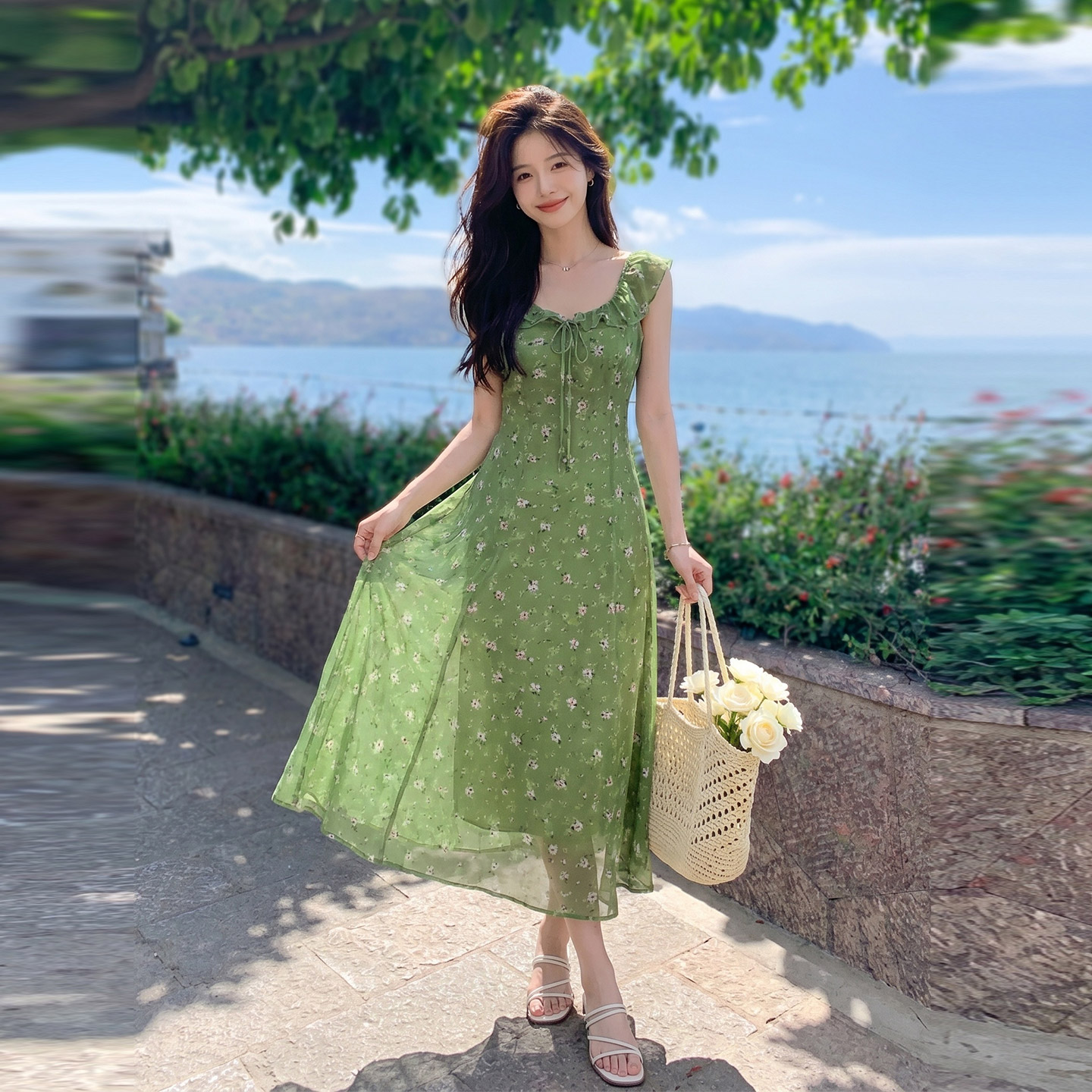 森系清甜减龄少女感荷叶边系带连衣裙2026夏新款法式度假风碎花裙