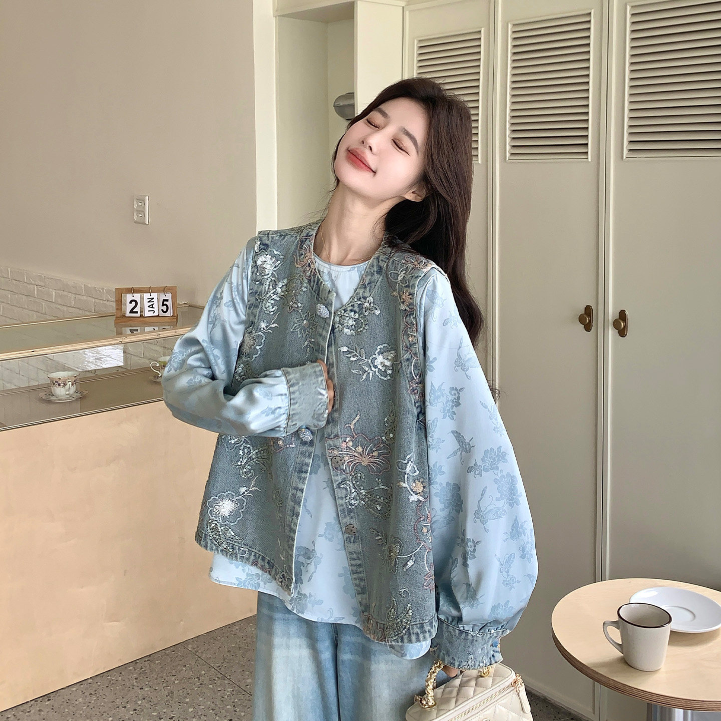 新中式刺绣牛仔马甲两件套女秋