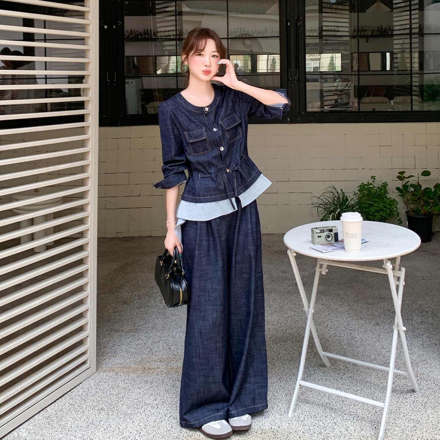 深蓝色牛仔套装女秋季拼接外套